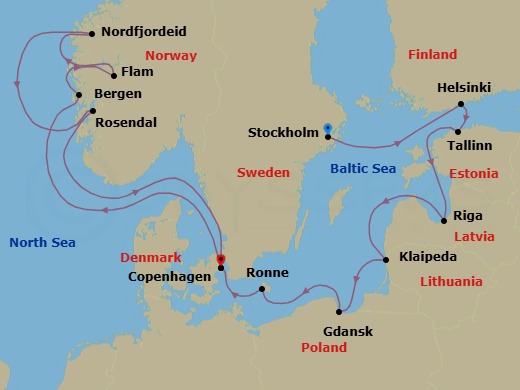 14 Night - Northern Europe from Stockholm to Copenhagen - Silver Nova - Starting in Stockholm, Helsinki, Tallinn, Riga, Klaipeda, Gdansk, Ronne, Copenhagen, Bergen, Flam, Norway, Nordfjordeid, Rosendal, Copenhagen itinerary map