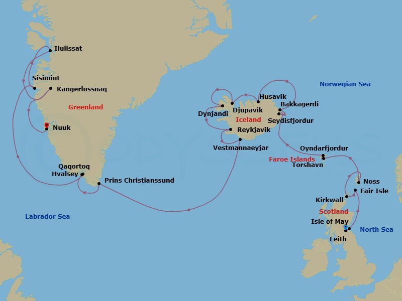 24 Night - Iceland from Edinburgh to Nuuk - Silver Wind - Starting in Edinburgh, Isle of May, Fair Isle, Kirkwall, Noss, Torshavn, Oyndarfjordur, Seydisfjordur, Bakkagerdi, Husavik, Djupavik, Dynjandi Waterfalls, Reykjavik, Vestmannaeyjar, Prince Christian Sound, Tassermiut Fjord, Qaqortoq, Hvalsey, Sisimiut, Ilulissat, Kangerlussuaq, Evighedsfjord, Nuuk itinerary map