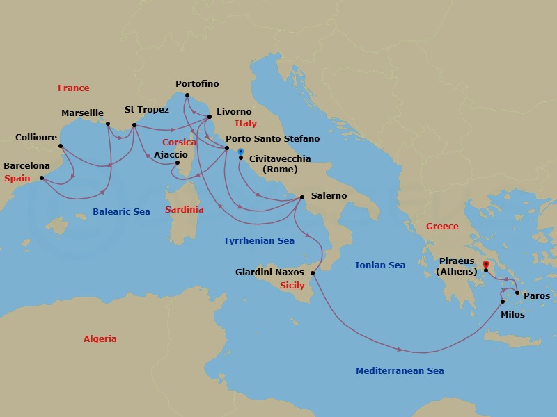19 Night - Cruise from Rome (Civitavecchia) to Athens - Silver Ray - Starting in Civitavecchia, Salerno, Livorno, Portofino, Porto Santo Stefano, Ajaccio, Saint Tropez, Collioure, Barcelona, Marseille, Saint Tropez, Livorno, Porto Santo Stefano, Salerno, Giardini Naxos, Milos, Paros, Athens itinerary map