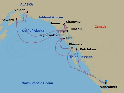16 Night - Alaska Roundtrip from Vancouver - Silver Muse - Starting in Vancouver, British Columbia Inside Passage, Ketchikan, Sitka, Skagway, Juneau, Icy Strait Point, Hubbard Glacier, Valdez, Seward (Anchorage), Hubbard Glacier, Juneau, Haines, Sitka, Klawock, British Columbia Inside Passage, Vancouver itinerary map