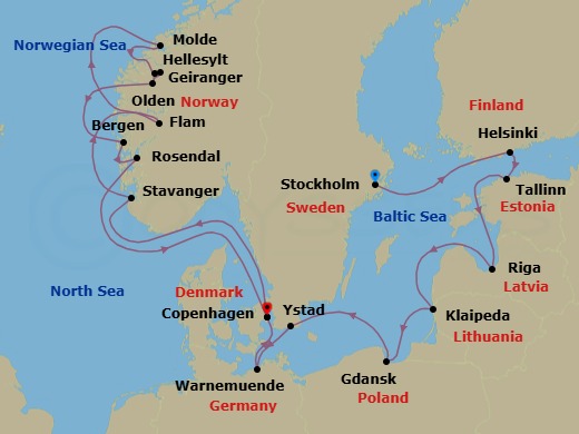 18 Night - Northern Europe from Stockholm to Copenhagen - Silver Nova - Starting in Stockholm, Helsinki, Tallinn, Riga, Klaipeda, Gdansk, Ystad, Warnemunde, Copenhagen, Stavanger, Flam, Norway, Molde, Hellesylt, Norway, Geiranger, Norway, Olden, Bergen, Rosendal, Copenhagen itinerary map