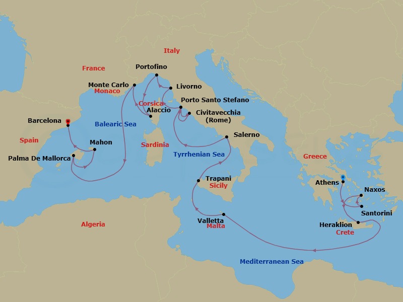 19 Night - Europe from Athens to Barcelona - Silver Ray - Starting in Athens, Santorini, Naxos, Heraklion, Valletta, Trapani, Salerno, Porto Santo Stefano, Civitavecchia, Porto Santo Stefano, Livorno, Portofino, Ajaccio, Monte Carlo, Palma De Mallorca, Porto Mahon, Barcelona itinerary map