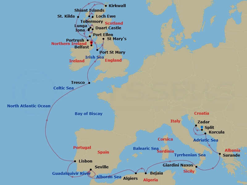 26 Night - Cruise from Split to Belfast - Silver Wind - Starting in Split, Zadar, Korcula, Sarande, Giardini Naxos, Bejaia, Algiers, Sevilla, Guadalquivir River, Sevilla, Lisbon, Tresco, St Marys, Port St Mary, Port Ellen, St Kilda, Boreray Island, Kirkwall, Shiant Islands, Loch Ewe, Tobermory, Duart, Iona, Lunga, Portrush, Belfast itinerary map