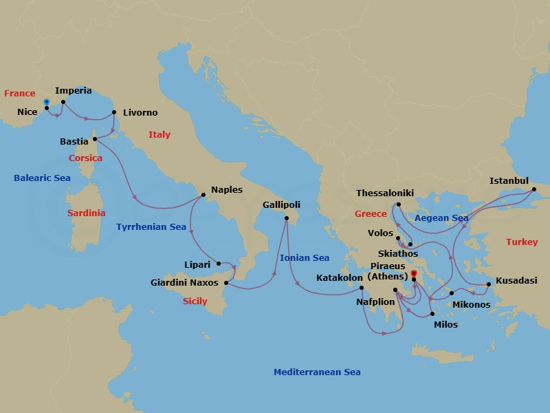 24 Night - Cruise from Nice to Athens - Silver Shadow - Starting in Nice, Imperia, Livorno, Bastia, Naples, Lipari Island, Giardini Naxos, Gallipoli, Katakolon, Nafplion, Athens, Nafplion, Milos, Volos, Skiathos, Thessaloniki, Istanbul, Kusadasi, Mykonos, Athens itinerary map