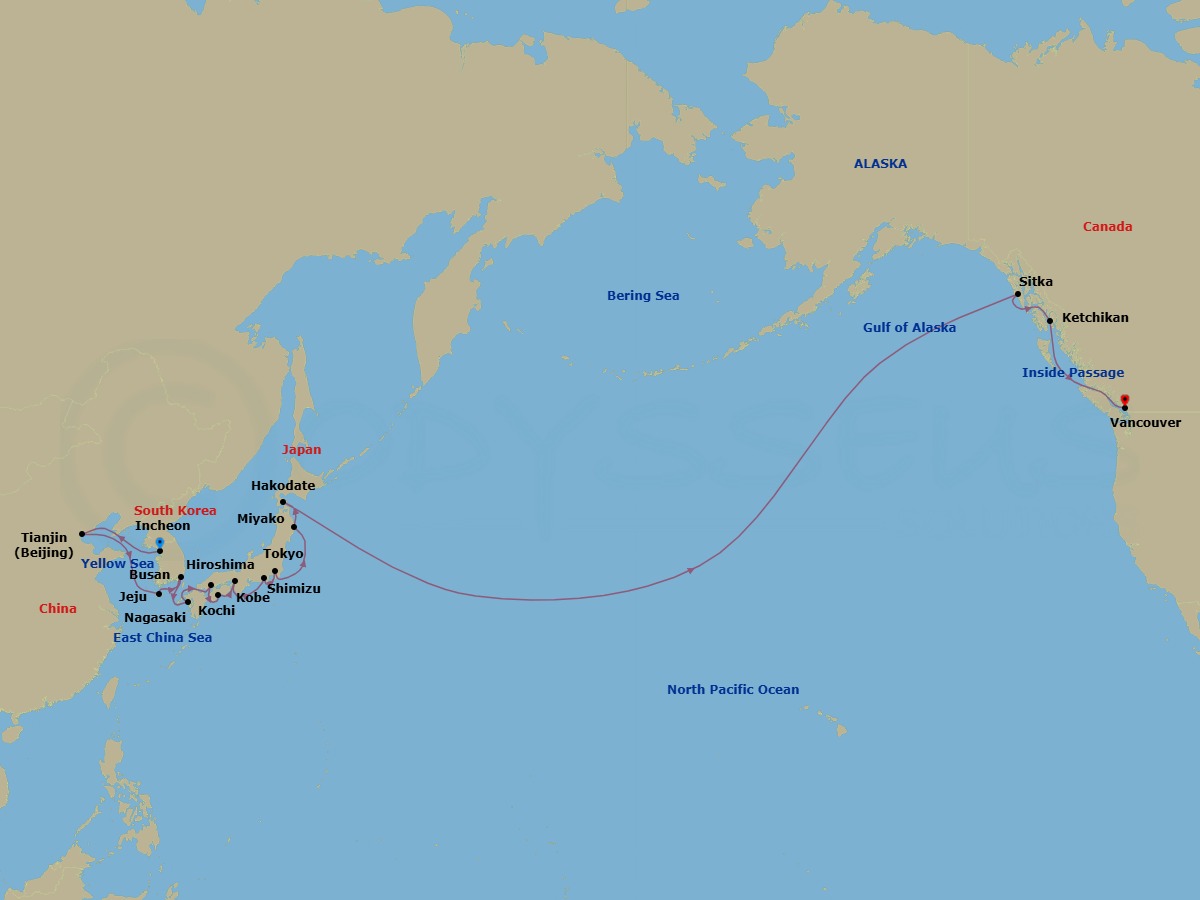 31 Night - Cruise from Seoul to Vancouver - Silver Muse - Starting in Incheon, Tianjin, Jeju, Busan, Nagasaki, Hiroshima, Kochi, Kobe, Shimizu, Tokyo, Miyako, Hakodate, Date Line gain a day, Sitka, Ketchikan, British Columbia Inside Passage, Vancouver itinerary map
