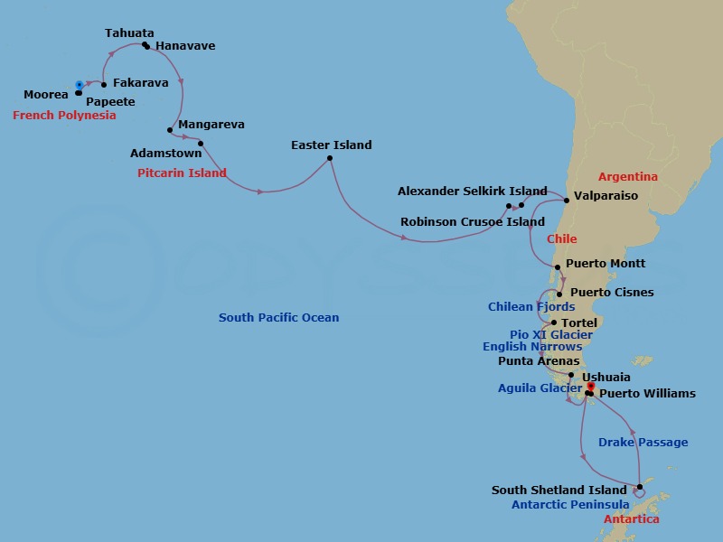 44 Night - Cruise from Papeete to Puerto Williams - Silver Cloud - Starting in Papeete, Moorea Island, Fakarava, Tahuata, Hanavave, Mangareva, Adamstown, Easter Island, Alexander Selkirk Island, Robinson Crusoe Island, Valparaiso, Puerto Montt, Puerto Cisnes, Tortel, English Narrows, Pio Xi Glacier, Chilean Fjords, Aguila Glacier, Punta Arenas, Ushuaia, Drake Passage, South Shetland Islands, Antarctic Peninsula, South Shetland Islands, Drake Passage, Puerto Williams itinerary map