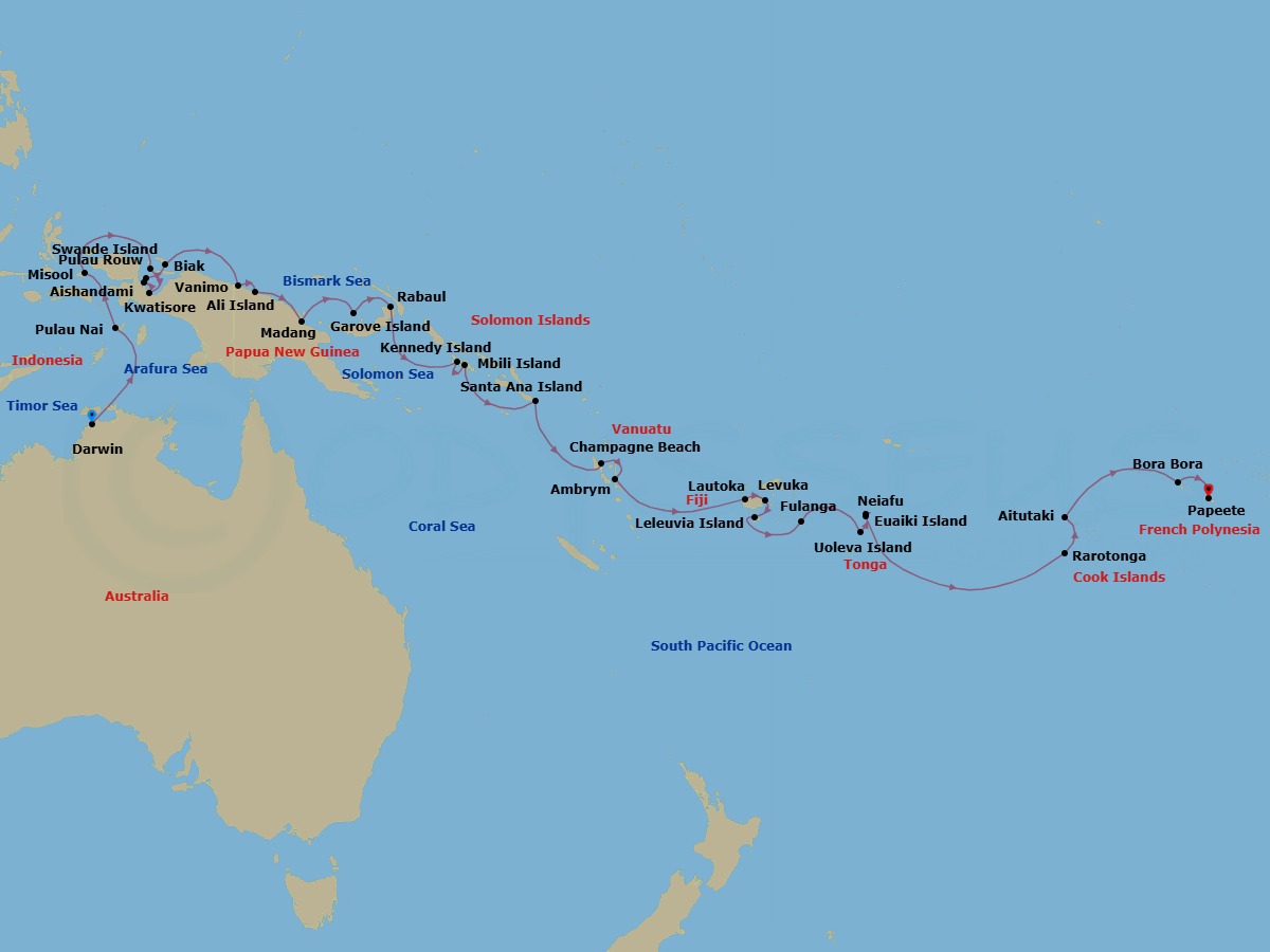 34 Night - Cruise from Darwin to Papeete - Silver Cloud - Starting in Darwin, Pulau Nai, Misool Island, Yenwapunor, Kri Island, Pulau Swande, Kwatisore, Aisandami Village, Pulau Rouw, Pulau Biak, Vanimo, Ali Island, Madang, Garove Island, Rabaul, Kennedy Island, Mbili Island, Santa Ana, Champagne Beach, Ambrym Island, Lautoka, Levuka, Leleuvia Island, Fulaga, Uoleva Island, Neiafu, Eueiki Island, Date Line gain a day, Rarotonga, Aitutaki, Bora Bora, Papeete itinerary map
