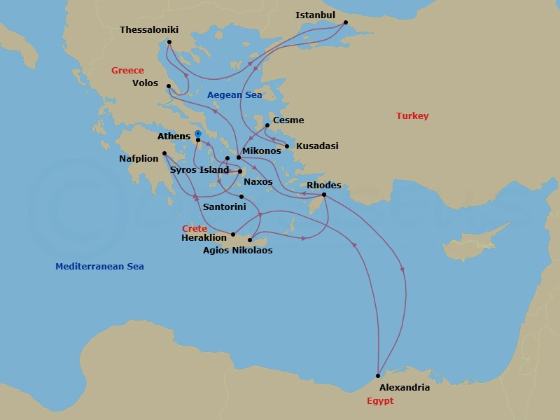 23 Night - Southern Europe Roundtrip from Athens - Silver Dawn - Starting in Athens, Naxos, Syros, Santorini, Aghios Nikolaos, Rhodes, Mykonos, Volos, Thessaloniki, Istanbul, Kusadasi, Cesme, Mykonos, Rhodes, Alexandria EG, Heraklion, Nafplion, Naxos, Athens itinerary map