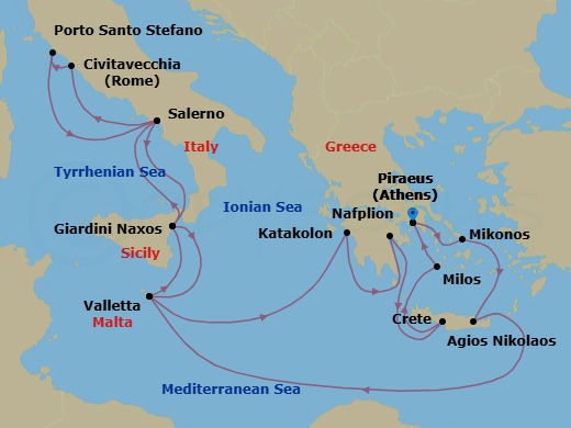 17 Night - Southern Europe Roundtrip from Athens - Silver Dawn - Starting in Athens, Mykonos, Aghios Nikolaos, Valletta, Giardini Naxos, Salerno, Civitavecchia, Porto Santo Stefano, Salerno, Giardini Naxos, Valletta, Katakolon, Nafplion, Souda Bay, Milos, Athens itinerary map