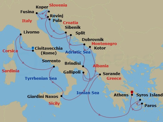 20 Night - Cruise from Rome (Civitavecchia) to Athens - Silver Dawn - Starting in Civitavecchia, Livorno, Sorrento, Giardini Naxos, Brindisi, Split, Rovinj, Fusina, Koper, Pula, Sibenik, Dubrovnik, Croatia, Kotor, Gallipoli, Sarande, Syros, Paros, Athens itinerary map