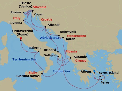 18 Night - Europe from Athens to Rome (Civitavecchia) - Silver Dawn - Starting in Athens, Paros, Syros, Sarande, Gallipoli, Kotor, Dubrovnik, Croatia, Sibenik, Koper, Fusina, Trieste, Ravenna, Sibenik, Brindisi, Giardini Naxos, Salerno, Civitavecchia itinerary map