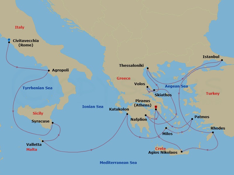 19 Night - Cruise from Rome (Civitavecchia) to Athens - Silver Dawn - Starting in Civitavecchia, Agropoli, Siracusa, Valletta, Katakolon, Milos, Patmos, Athens, Nafplion, Skiathos, Volos, Thessaloniki, Istanbul, Rhodes, Aghios Nikolaos, Athens itinerary map