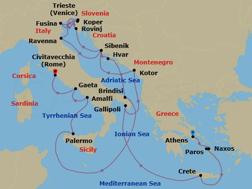 20 Night - Europe from Athens to Rome (Civitavecchia) - Silver Dawn - Starting in Athens, Naxos, Paros, Souda Bay, Gallipoli, Kotor, Sibenik, Rovinj, Koper, Fusina, Trieste, Ravenna, Sibenik, Hvar, Brindisi, Palermo, Amalfi, Gaeta, Civitavecchia itinerary map