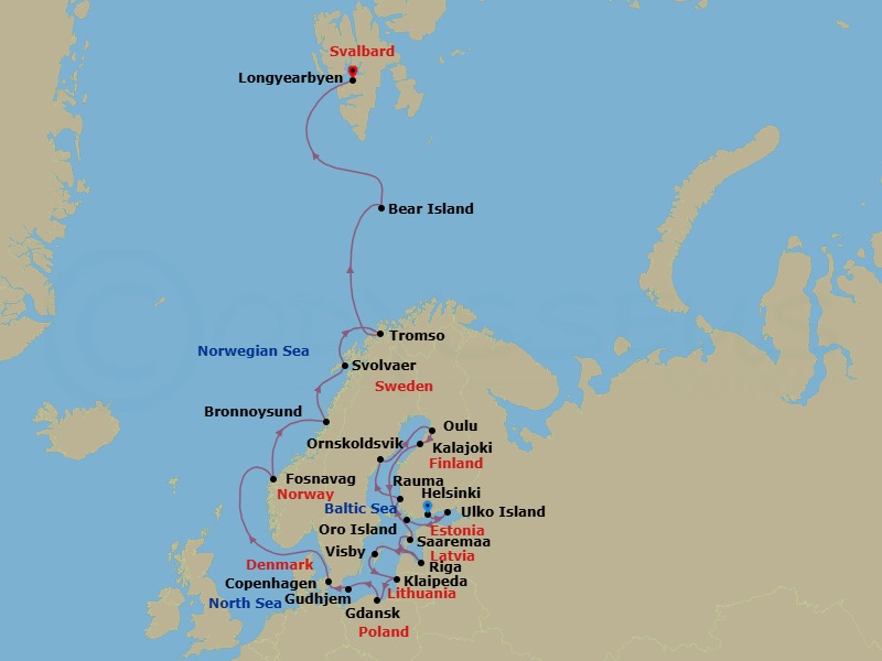 28 Night - Cruise from Helsinki to Longyearbyen - Silver Endeavour - Starting in Helsinki, Ulko Island, Oro Island, Rauma, Ornskoldsvik, Oulu, Kalajoki, Saaremaa, Riga, Visby, Sweden, Klaipeda, Gdansk, Gudhjem, Copenhagen, Fosnavag, Bronnoysund, Svolvaer, Tromso, Bear Island, Svalbard Southern Region, Svalbard Northern Region, Longyearbyen itinerary map