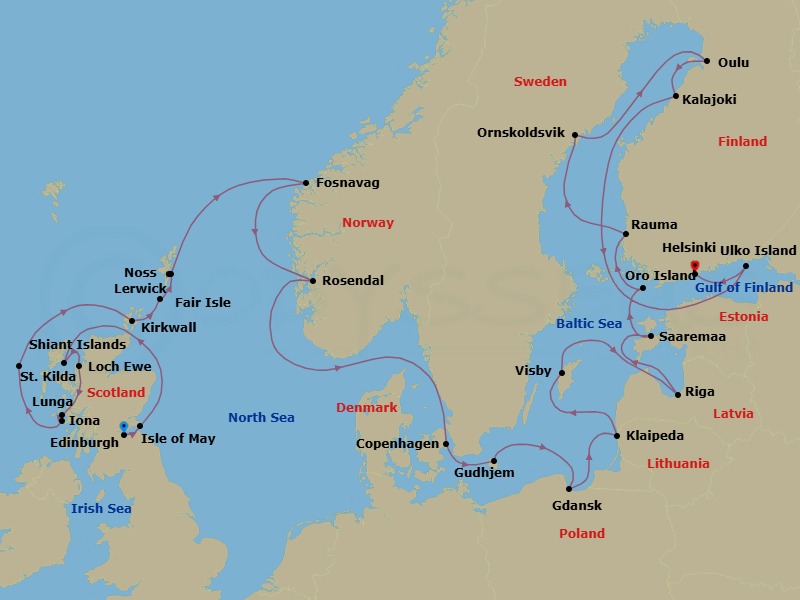 26 Night - Cruise from Edinburgh to Helsinki - Silver Endeavour - Starting in Edinburgh, Isle of May, Shiant Islands, Loch Ewe, Lunga, Iona, St Kilda, Boreray Island, Kirkwall, Fair Isle, Lerwick, Noss, Fosnavag, Rosendal, Copenhagen, Gudhjem, Gdansk, Klaipeda, Visby, Sweden, Riga, Saaremaa, Oro Island, Rauma, Ornskoldsvik, Oulu, Kalajoki, Ulko Island, Helsinki itinerary map