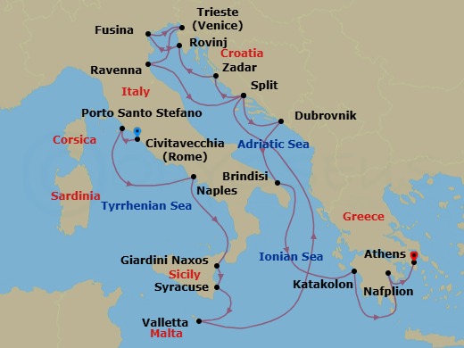 19 Night - Cruise from Rome (Civitavecchia) to Athens - Silver Ray - Starting in Civitavecchia, Porto Santo Stefano, Naples, Giardini Naxos, Siracusa, Valletta, Split, Zadar, Rovinj, Fusina, Trieste, Ravenna, Split, Dubrovnik, Croatia, Brindisi, Katakolon, Nafplion, Athens itinerary map