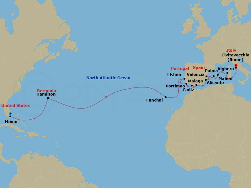 25 Night - Southern Europe from Miami to Rome (Civitavecchia) - Silver Dawn - Starting in Miami, Hamilton, Funchal, Lisbon, Portimao, Cadiz, Malaga, Alicante, Valencia, Palma De Mallorca, Porto Mahon, Alghero, Civitavecchia itinerary map