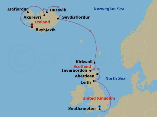 12 Night - Southampton to Reykjavik - Silver Spirit - Starting in Southampton, Edinburgh (Leith), Aberdeen, Invergordon (Highland), Kirkwall, Orkney Islands, Scotland, Seydisfjordur, Husavik, Akureyri, Isafjordur, Reykjavik itinerary map