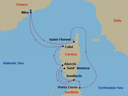 7 Night - Corsican Shores - Le Ponant - Starting in Nice, Calvi, Corsica, Ajaccio, Corsica, Bonifacio, Corsica, Gulf of Sant Amanza, Corsica, Bonifacio, Corsica, Porto Cervo, Sardinia, Saint-Florent, Corsica, Nice itinerary map