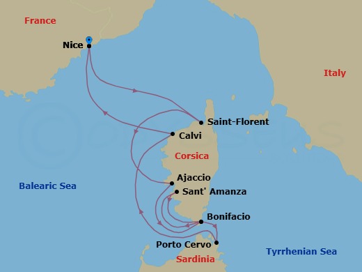 7 Night - Corsican Shores - Le Ponant - Starting in Nice, Saint-Florent, Corsica, Ajaccio, Corsica, Bonifacio, Corsica, Gulf of Sant Amanza, Corsica, Bonifacio, Corsica, Porto Cervo, Sardinia, Calvi, Corsica, Nice itinerary map