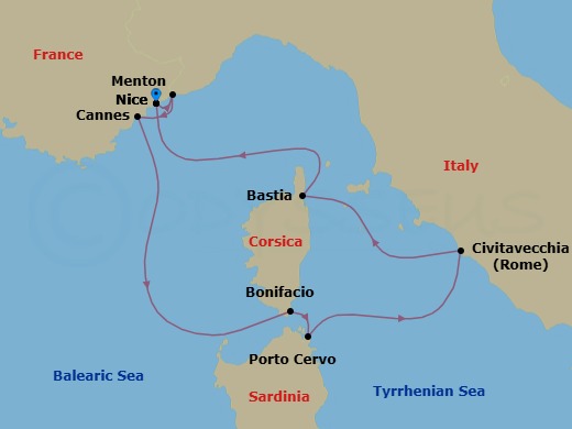 7 Night - Riviera Rendezvous & Monaco Grand Prix - Emerald Kaia - Starting in Nice, France, Menton, France, Cannes, France, Bonifacio, Corsica, France, Porto Cervo, Sardinia, Italy, Rome (Civitavecchia), Italy, Bastia, Corsica, France, Nice, France itinerary map