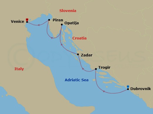 7 Night - Hidden Gems of the Croatian Riviera - Emerald Sakara - Starting in Dubrovnik, Croatia, Trogir, Croatia, Zadar, Croatia, Opatija, Croatia, Piran, Slovenia, Venice, Italy itinerary map
