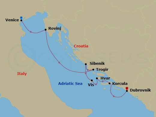 7 Night - Croatian Coast and the Best of the Adriatic - Emerald Azzurra - Starting in Venice, Italy, Rovinj, Croatia, Trogir, Croatia, Sibenik, Croatia, Vis, Croatia, Hvar, Croatia, Korcula, Croatia, Dubrovnik, Croatia itinerary map