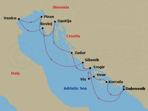 14 Night - Discover the Best of the Croatian Coast - Emerald Sakara - Starting in Dubrovnik, Croatia, Trogir, Croatia, Zadar, Croatia, Opatija, Croatia, Piran, Slovenia, Venice, Italy, Rovinj, Croatia, Sibenik, Croatia, Trogir, Croatia, Vis, Croatia, Hvar, Croatia, Korcula, Croatia, Dubrovnik, Croatia itinerary map