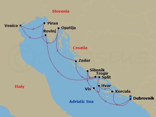 14 Night - Discover the Best of the Croatian Coast - Emerald Azzurra - Starting in Dubrovnik, Croatia, Split, Croatia, Zadar, Croatia, Opatija, Croatia, Piran, Slovenia, Venice, Italy, Rovinj, Croatia, Trogir, Croatia, Sibenik, Croatia, Vis, Croatia, Hvar, Croatia, Korcula, Croatia, Dubrovnik, Croatia itinerary map