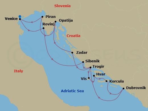 14 Night - Discover the Best of the Croatian Coast - Emerald Sakara - Starting in Venice, Italy, Rovinj, Croatia, Sibenik, Croatia, Trogir, Croatia, Vis, Croatia, Hvar, Croatia, Korcula, Croatia, Dubrovnik, Croatia, Trogir, Croatia, Zadar, Croatia, Opatija, Croatia, Piran, Slovenia, Venice, Italy itinerary map