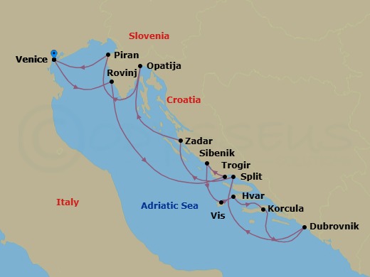 14 Night - Discover the Best of the Croatian Coast - Emerald Azzurra - Starting in Venice, Italy, Rovinj, Croatia, Trogir, Croatia, Sibenik, Croatia, Vis, Croatia, Hvar, Croatia, Korcula, Croatia, Dubrovnik, Croatia, Split, Croatia, Zadar, Croatia, Opatija, Croatia, Piran, Slovenia, Venice, Italy itinerary map