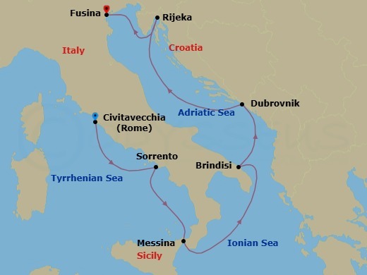 7 Night - A Journey of Southern Italian Beauty and Adriatic Light - EXPLORA VI - Starting in Civitavecchia (Rome), Sorrento, Messina (Sicily), Brindisi, Dubrovnik, Croatia, Rijeka, Fusina (Venice) itinerary map