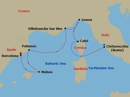 7 Night - A Journey of Mediterranean Colour, Cuisine & Remarkable Landmarks - EXPLORA II - Starting in Civitavecchia (Rome), Calvi (Corsica), Genoa, Villefranche-Sur-Mer (Nice), Palamos, Mahon (Menorca), Barcelona itinerary map