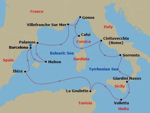 14 Night - An Extended Journey of Roman Marvels & Italian Culinary Delights - EXPLORA II - Starting in Barcelona, Ibiza, Tunis / La Goulette, La Valletta, Giardini Naxos, Sorrento, Civitavecchia (Rome), Calvi (Corsica), Genoa, Villefranche-Sur-Mer (Nice), Palamos, Mahon (Menorca), Barcelona itinerary map