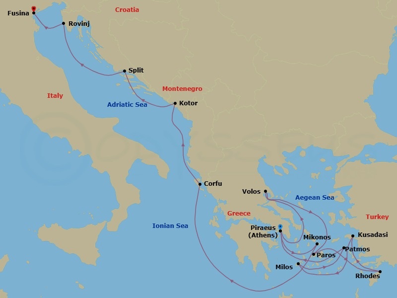 14 Night - An Extended Journey Through Mediterranean Legends & Enchanting Artistry - EXPLORA I - Starting in Piraeus (Athens), Volos, Paros, Rhodes, Kusadasi, Milos, Patmos, Piraeus (Athens), Mykonos, Corfu, Kotor, Split, Rovinj, Fusina (Venice) itinerary map
