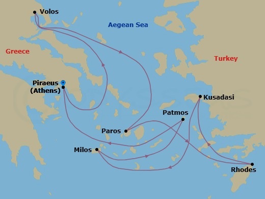 7 Night - A Journey of Fabled Landmarks & Volcanic Scenery - EXPLORA I - Starting in Piraeus (Athens), Volos, Paros, Rhodes, Kusadasi, Milos, Patmos, Piraeus (Athens) itinerary map
