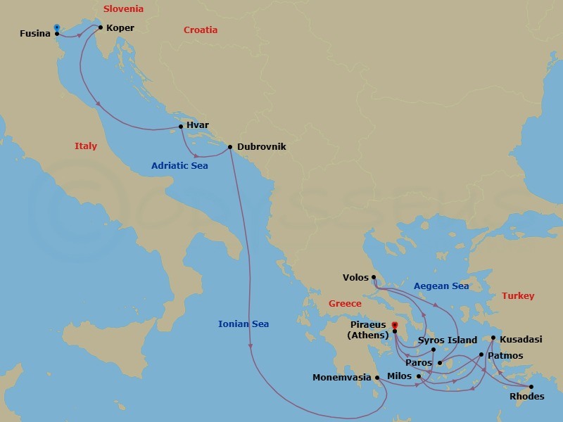 14 Night - An Extended Journey Through Historic Gems, Legendary Ruins & Sunlit Islands - EXPLORA I - Starting in Fusina (Venice), Koper, Hvar, Dubrovnik, Croatia, Monemvasia, Syros (Syra), Piraeus (Athens), Volos, Paros, Rhodes, Kusadasi, Milos, Patmos, Piraeus (Athens) itinerary map