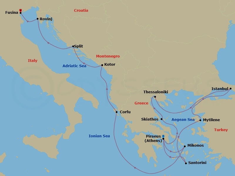 14 Night - An Extended Journey Through Ancient Marvels, Thriving Markets & Byzantine Grandeur - EXPLORA I - Starting in Piraeus (Athens), Skiathos, Thessaloniki, Istanbul, Mytilene (Lesbos), Santorini, Piraeus (Athens), Mykonos, Corfu, Kotor, Split, Rovinj, Fusina (Venice) itinerary map
