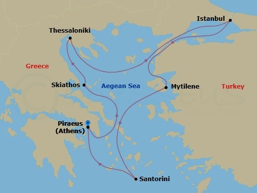 7 Night - A Journey from Golden Greek Islands to Turkish Treasures - EXPLORA I - Starting in Piraeus (Athens), Skiathos, Thessaloniki, Istanbul, Mytilene (Lesbos), Santorini, Piraeus (Athens) itinerary map