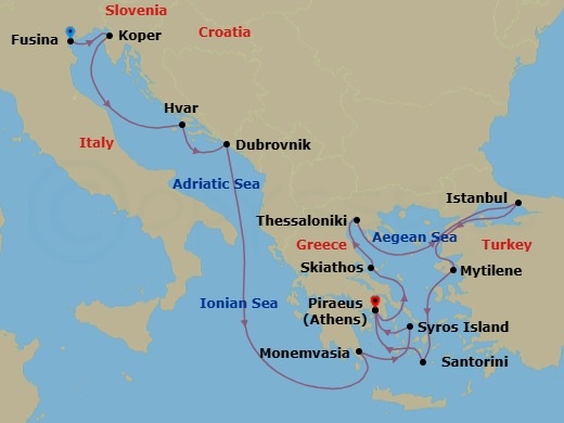14 Night - An Extended Journey Through Greek Splendour, Byzantine History & Timeless Piazzas - EXPLORA I - Starting in Fusina (Venice), Koper, Hvar, Dubrovnik, Croatia, Monemvasia, Syros (Syra), Piraeus (Athens), Skiathos, Thessaloniki, Istanbul, Mytilene (Lesbos), Santorini, Piraeus (Athens) itinerary map