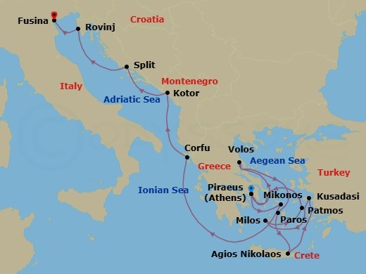 14 Night - An Extended Journey of Legendary Ruins, Lunar Beaches & Historic Palaces - EXPLORA I - Starting in Piraeus (Athens), Volos, Paros, Agios Nikolaos (Crete), Kusadasi, Milos, Patmos, Piraeus (Athens), Mykonos, Corfu, Kotor, Split, Rovinj, Fusina (Venice) itinerary map