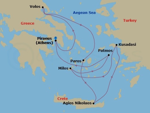 7 Night - A Journey Through Storied Greek Isles & Golden Shores - EXPLORA I - Starting in Piraeus (Athens), Volos, Paros, Agios Nikolaos (Crete), Kusadasi, Milos, Patmos, Piraeus (Athens) itinerary map
