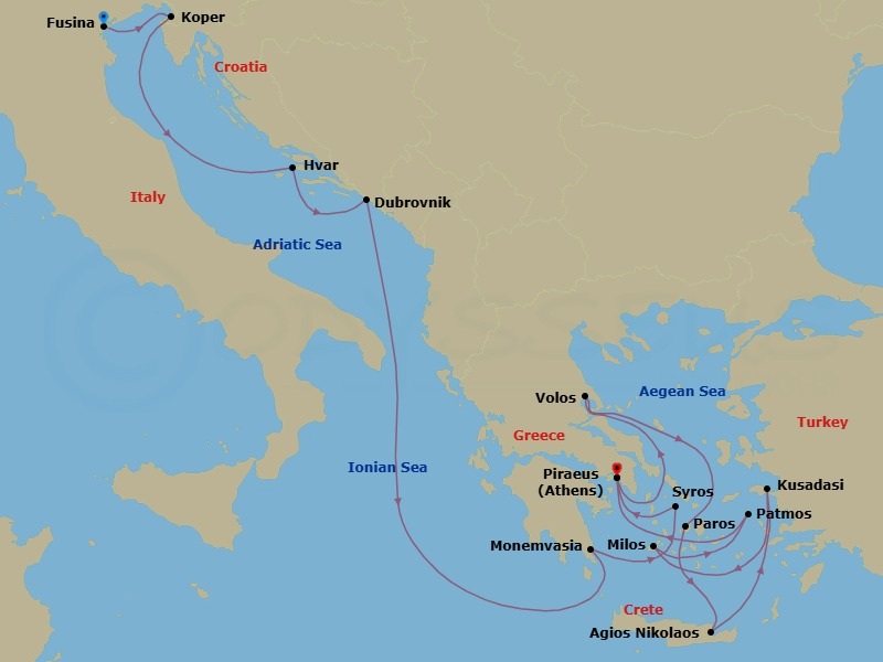 14 Night - An Extended Journey of Aegean Wonders & Ancient Coastal Treasures - EXPLORA I - Starting in Fusina (Venice), Koper, Hvar, Dubrovnik, Croatia, Monemvasia, Syros (Syra), Piraeus (Athens), Volos, Paros, Agios Nikolaos (Crete), Kusadasi, Milos, Patmos, Piraeus (Athens) itinerary map