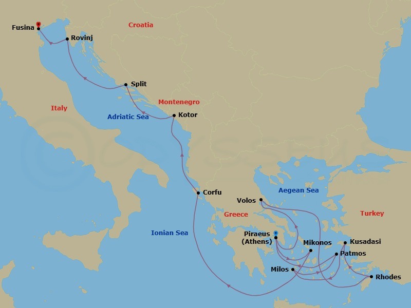 14 Night - An Extended Journey of Lush Island Vistas, Roman Ruins & Hidden Coves - EXPLORA I - Starting in Piraeus (Athens), Volos, Rhodes, Kusadasi, Milos, Patmos, Piraeus (Athens), Mykonos, Corfu, Kotor, Split, Rovinj, Fusina (Venice) itinerary map