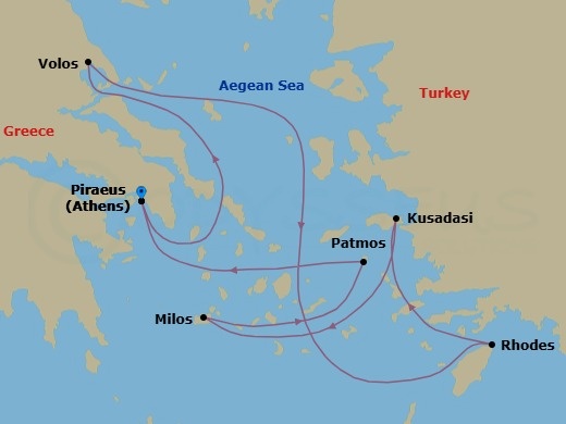 7 Night - A Journey of Ancient Myths & Island Serenity - EXPLORA I - Starting in Piraeus (Athens), Volos, Rhodes, Kusadasi, Milos, Patmos, Piraeus (Athens) itinerary map