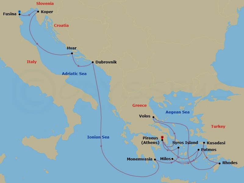 14 Night - An Extended Journey from Venice to the Marble Wonders of Milos - EXPLORA I - Starting in Fusina (Venice), Koper, Hvar, Dubrovnik, Croatia, Monemvasia, Syros (Syra), Piraeus (Athens), Volos, Rhodes, Kusadasi, Milos, Patmos, Piraeus (Athens) itinerary map