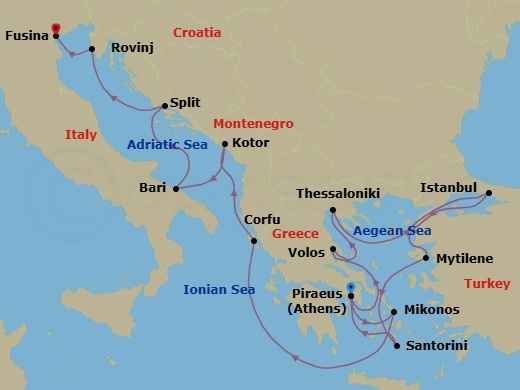 15 Night - An Extended Journey from Athens to the Golden Grandeur of Venice - EXPLORA I - Starting in Piraeus (Athens), Volos, Thessaloniki, Istanbul, Mytilene (Lesbos), Santorini, Piraeus (Athens), Mykonos, Corfu, Kotor, Bari, Split, Rovinj, Fusina (Venice) itinerary map