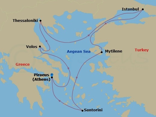 7 Night - A Journey of Classical Greek Spectacles & the Vibrant Charms of Istanbul - EXPLORA I - Starting in Piraeus (Athens), Volos, Thessaloniki, Istanbul, Mytilene (Lesbos), Santorini, Piraeus (Athens) itinerary map