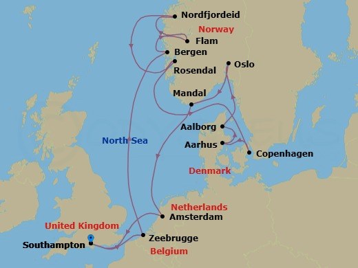 16 Night - An Extended Journey Through Scandinavia's Iconic Waterways to the Canals of Amsterdam - EXPLORA IV - Starting in Southampton, Bruges (Zeebrugge), Bergen, Flam, Norway, Nordfjordeid, Rosendal, Copenhagen, Aarhus, Aalborg, Oslo, Mandal, Amsterdam, Southampton itinerary map