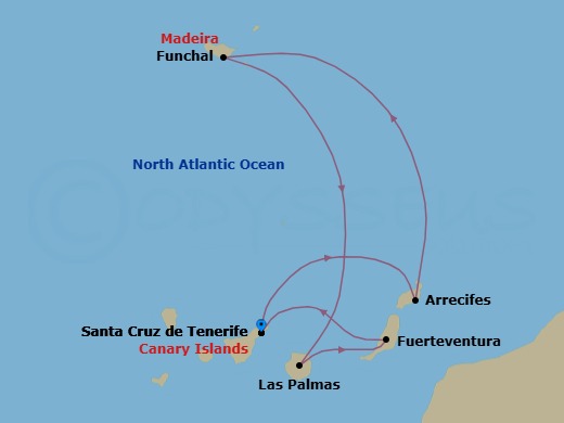 7 Night - Western Mediterranean from S. Cruz De Tenerife - Costa Smeralda - Starting in Santa Cruz de Tenerife, Arrecife (Lanzarote), Funchal (Madeira), Las Palmas (Gran Canaria), Port Rosario (Fuerteventura), Santa Cruz de Tenerife itinerary map